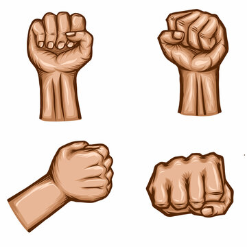 Raised fist gesture Collection. Symbol of Power, strength, freedom, solidarity. Hand drawn vector illustration