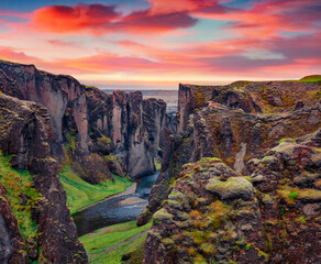 Sunrise on Fjadrargljufur canyon and river. Breathtaking summer scene of South east Iceland,...