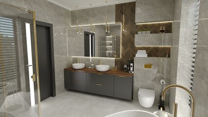 Kamienna łazienka z elementami drewna ze złotymi dodatkami. 