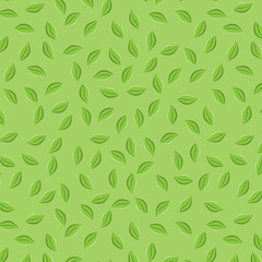 Green flying tea leaves seamless pattern. Green background for tablecloth, oilcloth, bedclothes or other textile design
