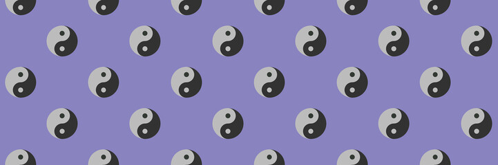 pattern. Image of Yin Yang symbol on pastel blue purple backgrounds. Symbol of opposite. Surface overlay pattern. Banner for insertion into site. Horizontal image.