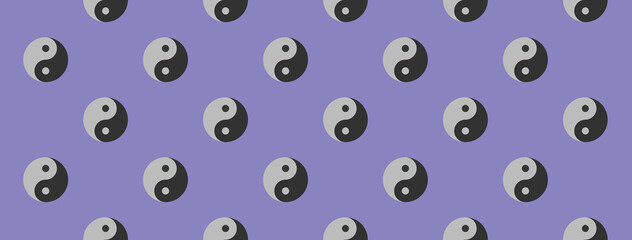 pattern. Image of Yin Yang symbol on pastel blue purple backgrounds. Symbol of opposite. Surface overlay pattern. Banner for insertion into site. Horizontal image.