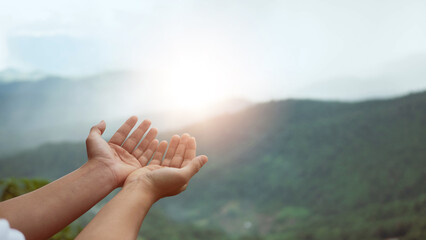 Christian man with open hands worship christian. Eucharist Therapy Bless God Helping Repent...