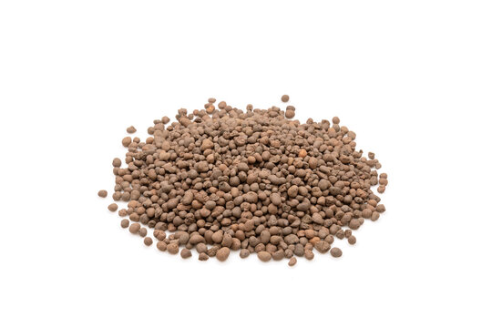 Pile of Leca Ball or Hydroton clay tablets for plant isolated on white