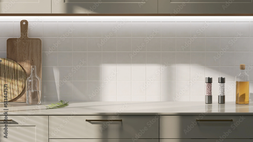Fototapete Realistic 3D render close up blank empty space countertop in modern grey build in kitchen cabinet set for household products display with white ceramic wall tiles in background. Sunlight, utensils.