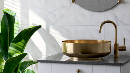 3D render, empty marble vanity countertop with golden brass washbasin and faucet in a bathroom with morning sunlight and leaves shadow. Tropical, Toilet, Product display mockup. Background, Wall tiles
