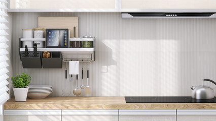 Realistic 3D render, modern kitchen cabinet set with blank empty white marble island for household product overlay mock up. Background, Window, Sunlight, Countertop, Space, Houseplant, Washing sink.