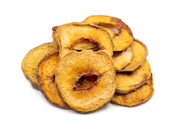 Dried peach slices. Sliced dry peach isolated on white background. Sun-dried fruit. Close up