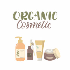 Vegan organic cosmetics in bottles isolated on white background. Flat vector illustration of herbal face and body care products. Moisturizing cream, gel or natural soap in eco pack.