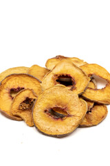 Dried peach slices. Sliced dry peach isolated on white background. Sun-dried fruit. Close up