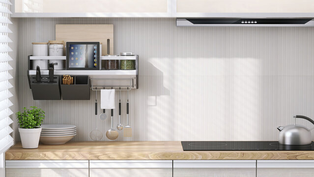 Realistic 3D render, modern kitchen cabinet set with blank empty white marble island for household product overlay mock up. Background, Window, Sunlight, Countertop, Space, Houseplant, Washing sink. - Powered by Adobe