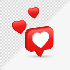 3d heart in speech bubble icon, love like heart shape background, social media notification icons, post reactions for social network, favorite hearts, 3d rendering, 3d illustration