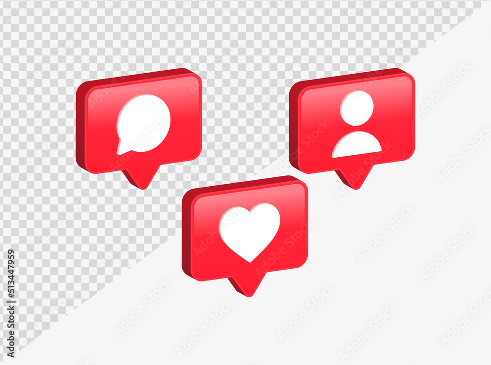 Poster social media notification icons in 3d speech bubbles like love comment follower icon. 3d heart in sp