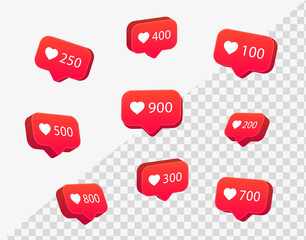 3d like heart in speech bubble icon, number likes love speech bubbles background, social media notification icons, post reactions for social network, favorite hearts, 3d rendering, 3d illustration