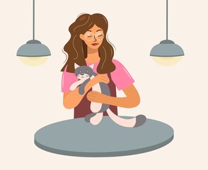 Cute young girl with a cat, a pet. Love and friendship with animals. Vet clinic. Vector flat cartoon female character with a pet, in the hands of a woman. Play with the kitten, spend time together.