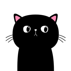 Black cat kitten face head body. Cute kawaii baby pet animal. Cartoon character. Pink ears. Notebook cover, tshirt, greeting card print. Flat design. White background.