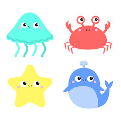 Whale Crab Jellyfish Starfish toy icon set. Big eyes. Yellow star. Cute cartoon kawaii funny baby character. Sea ocean animal collection. Kids print. Flat design. White background. Isolated.