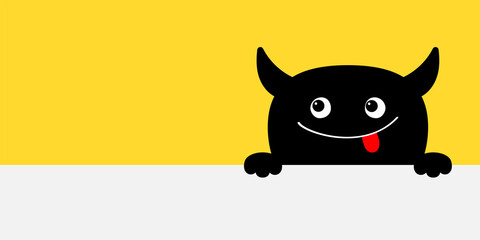 Monster scary face head icon. Happy Halloween. Hands paw holding banner. Hanging on paper board. Cute cartoon boo spooky character. Black silhouette. Kawaii funny baby. Flat design. Yellow background