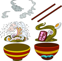 Traditional Japanese ramen and wave for restaurant printing on wallpaper.Ramen vector illustration for doodle art.Sunrise with chopsticks vector for painting on background.