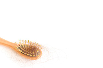 Brown hair, hair loss every day, serious problems and hair loss on a white background.