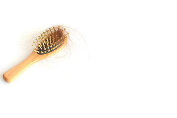 Brown hair, hair loss every day, serious problems and hair loss on a white background.