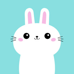 Bunny rabbit hare face icon. Cute kawaii funny animal. Happy Easter. Cartoon funny baby character. Kids print for poster, t-shirt cloth. Love card. Flat design. Blue background.