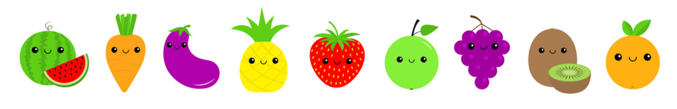 Fruit vegetable berry food icon set line. Carrot, watermelon, eggplant, pineapple, strawberry, apple, grape, kiwi, orange. Cute face eyes. Cartoon kawaii baby character. Flat design. White background.