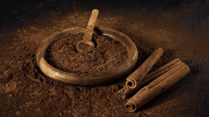 cinnamon ground sticks ceremony cocoa cloves ground coffee spices on wooden table closeup