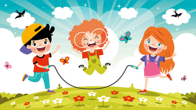 Cartoon Kids Playing Jumping Rope