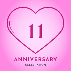 11 years anniversary celebration with heart isolated on pink background. Creative design for happy birthday, wedding, ceremony, event party, marriage, invitation card and greeting card.