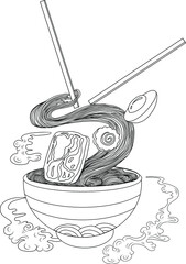 Traditional Japanese ramen and wave for restaurant printing on wallpaper.Ramen vector illustration for doodle art.Sunrise with chopsticks vector for painting on background.