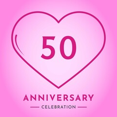 50 years anniversary celebration with heart isolated on pink background. Creative design for happy birthday, wedding, ceremony, event party, marriage, invitation card and greeting card.