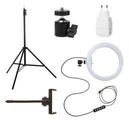 Collage with ring light and accessories on white background