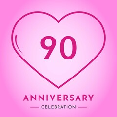 90 years anniversary celebration with heart isolated on pink background. Creative design for happy birthday, wedding, ceremony, event party, marriage, invitation card and greeting card.