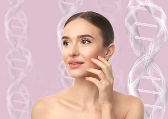 Naklejka premium Beautiful young woman against pink background with illustration of DNA chains