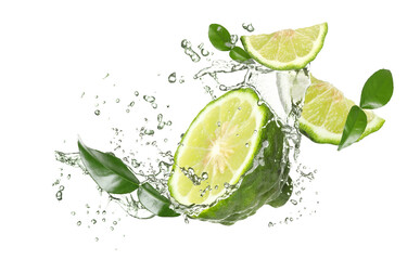 Fresh ripe bergamot fruits, green leaves and splashing water on white background