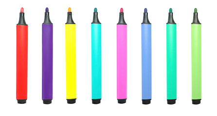 Set with bright multicolored marker pens on white background. Banner design