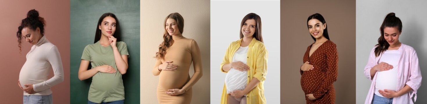 Collage with photos of beautiful pregnant women on different color backgrounds. Banner design