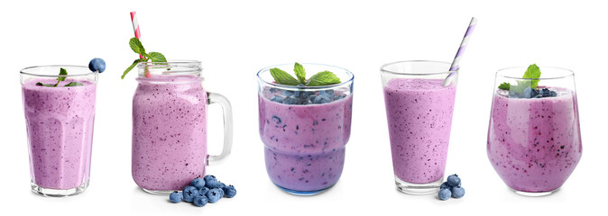 Set with delicious blueberry smoothies on white background. Banner design - obrazy, fototapety, plakaty