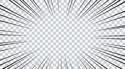 Manga speed burst frame. Radial anime speed lines. Crash zoom effect for comic book. Radial lines overlay template. Manga brust frame. Boom effect. Vector illustration on transparent background.
