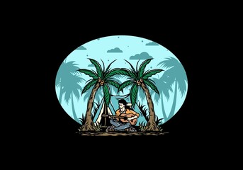 Man with guitar in front of tent between coconut tree illustration