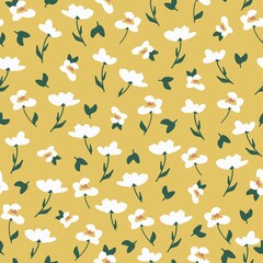 Simple vintage pattern. white  flowers , green leaves . yellow background. Fashionable print for textiles and wallpaper.