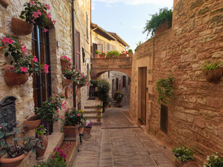 Plakat Scenic sight of Spello, flowery and picturesque village in Umbria, province of Perugia, Italy