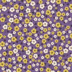Simple vintage pattern. white and yellow flowers , black leaves . Lilac background. Fashionable print for textiles and wallpaper.