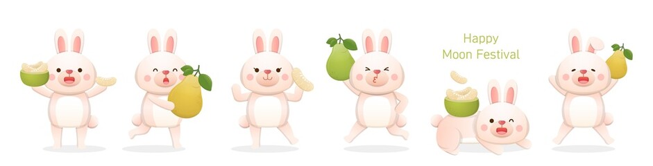 6 Cute Rabbit Mascot Characters with Mid-Autumn Festival and Pomelo