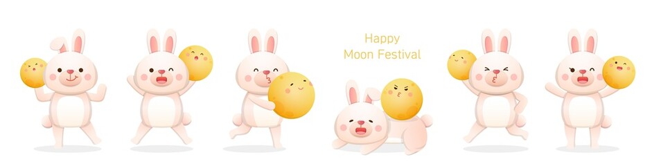 6 Cute Rabbit Mascot Characters with Moon, Traditional Festivals in China and Taiwan: Mid-Autumn Festival