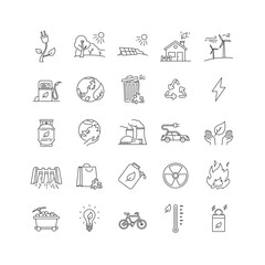 Simple Set of Ecology and Environment Related Vector Line Icons. Contains such Icons as Electric Car, Global Warming, Forest, Recycle, Nuclear Power Plant and more. Editable Stroke. 
