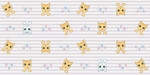 Red and gray cat faces and paws on a gray striped background with flowers. Endless texture with cute kittens. Vector seamless pattern for cover, wrapping paper, surface texture and printing on clothes