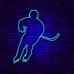 Running away hockey kid neon icon. Hockey player. 