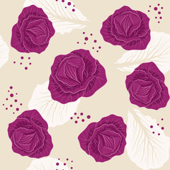 Seamless pattern with red cabbage, leaves and spots. Vector pattern on a beige gray background in a flat style.